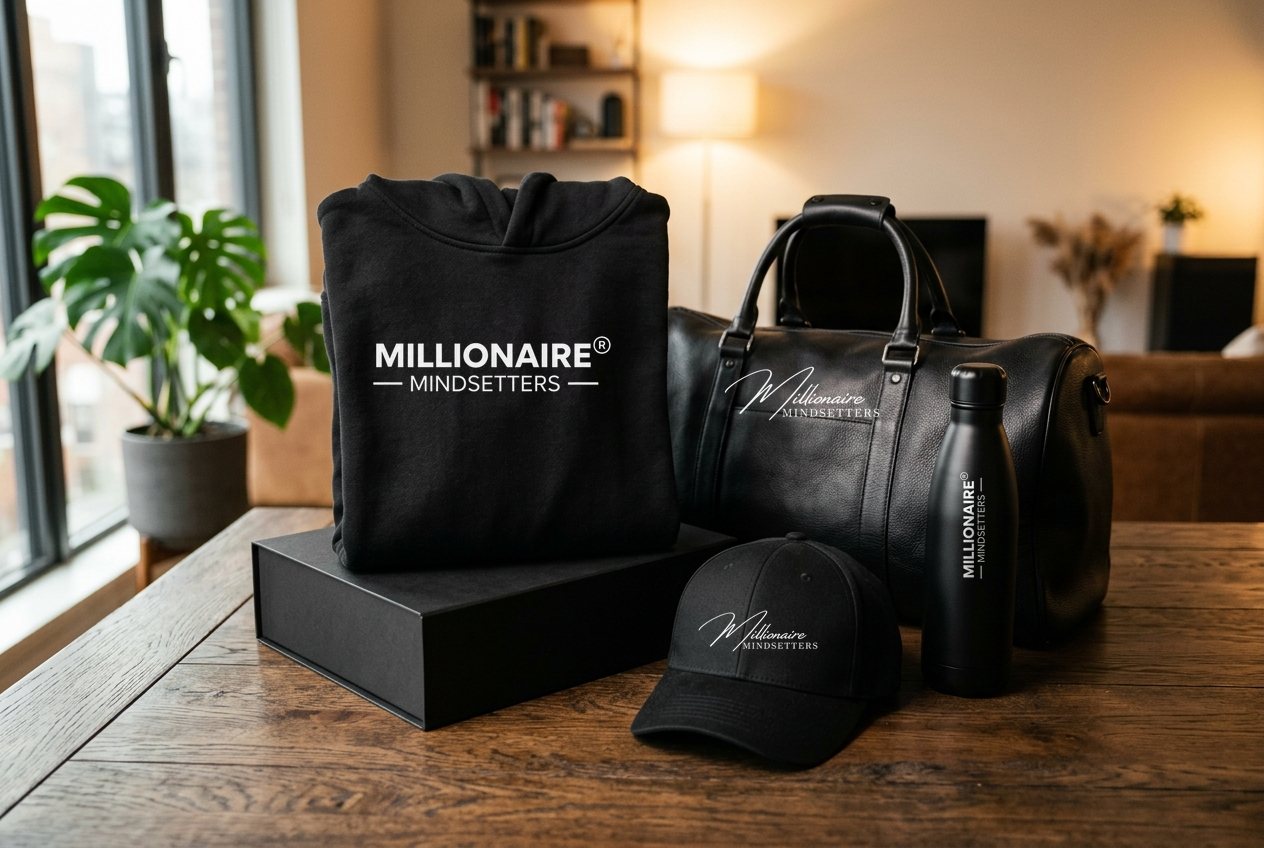 Millionaire Mindsetters hoodie, duffel, cap and bottle